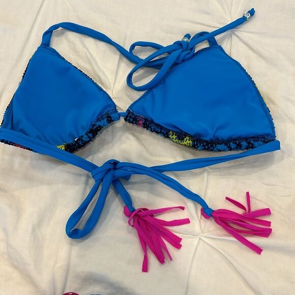 Women's Blue Abstract Strappy Top and Side Tie Bottom Bikini Set - Picture 7 of 8